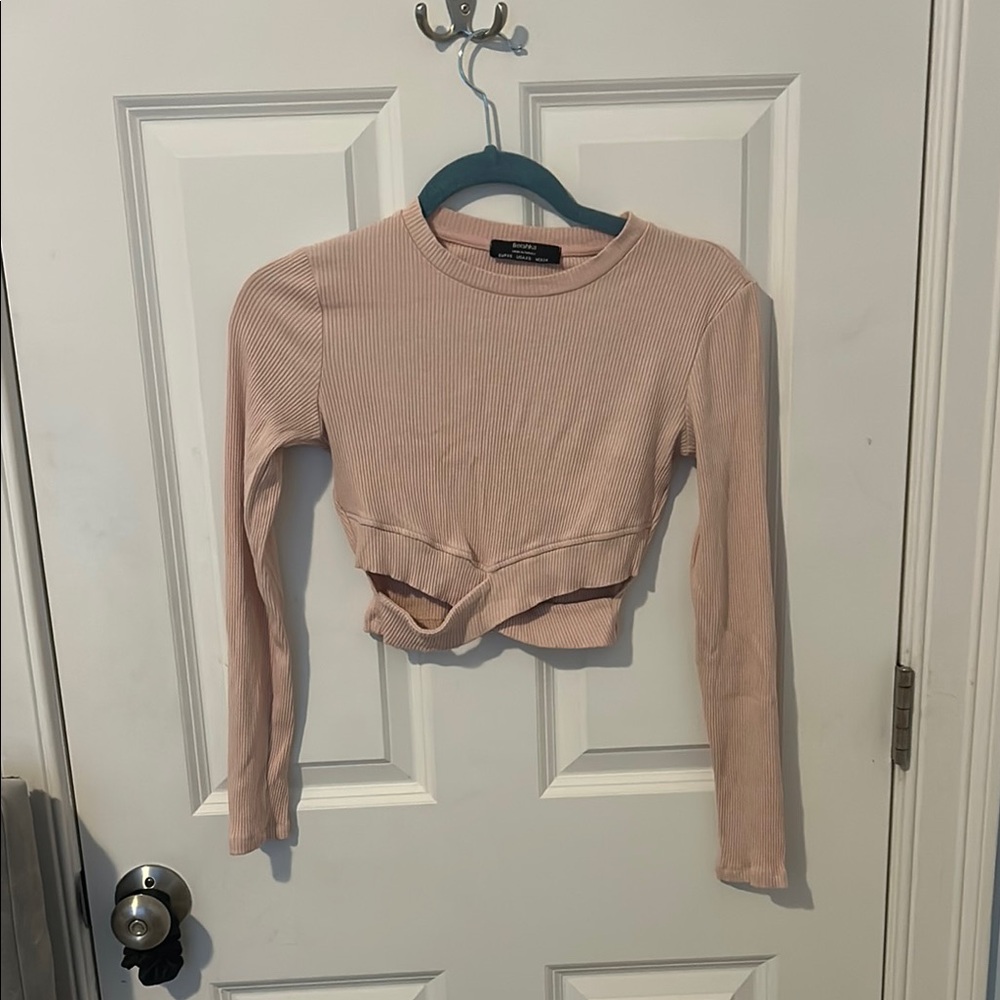 Bershka Tan and Pink Tie Front Long Sleeve Crop Top